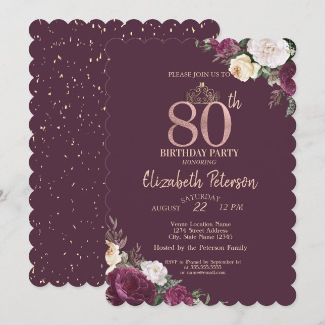 Tiara, Konfetti Burgundy Blommig 80-årsdag Inbjudningar (Fram/baksida)