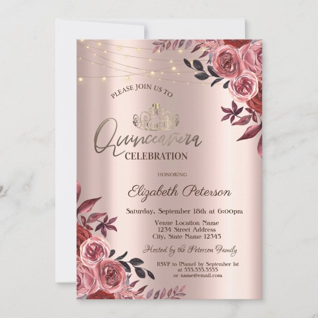 Tiara, Ljus Chic Burgunderrosor Quinceañera Inbjudningar (Framsida)