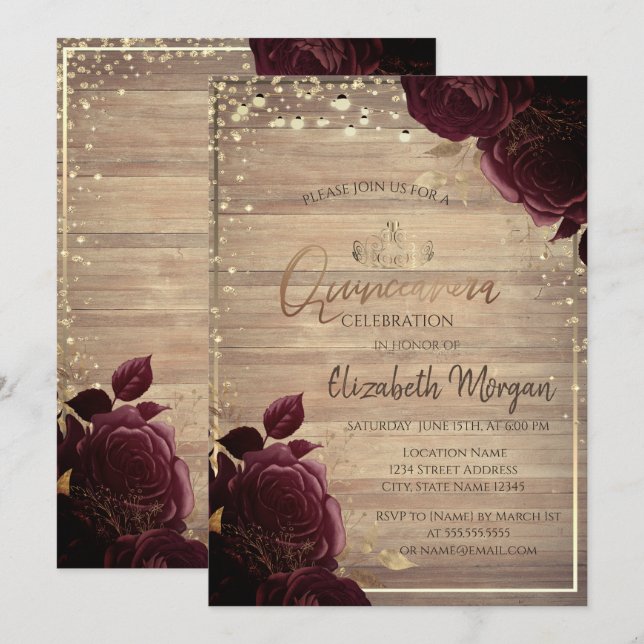 Tiara,Ljus,Wood Burgundy Ro Quinceañera Inbjudningar (Fram/baksida)