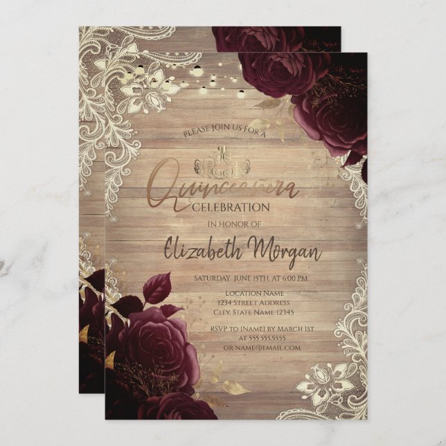 Tiara,Ljus,Wood Burgundy Ro Snöre Quinceañera Inbjudningar (Fram/baksida)