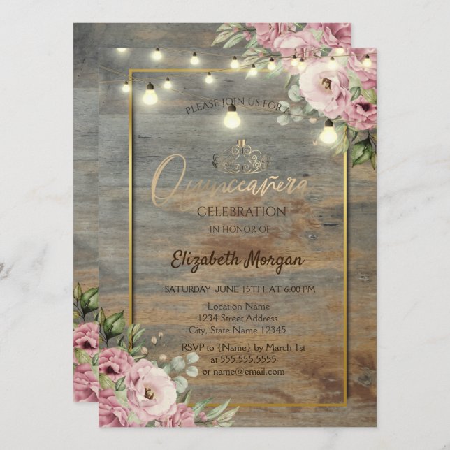 Tiara,Ljus,Wood Guld Ram, Flowers Quinceañera Inbjudningar (Fram/baksida)