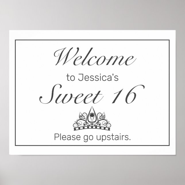 Tiara Minimalist White Sweet 16 Välkomstskylt Poster (Framsidan)