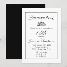 Tiara Modern Minimalist White Black Quinceañera Inbjudningar