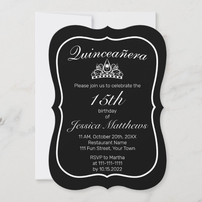 Tiara Modern Minimalist White Black Quinceañera Inbjudningar (Framsida)