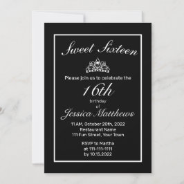 Tiara Modern Minimalist White Black Sweet 16 Inbjudningar