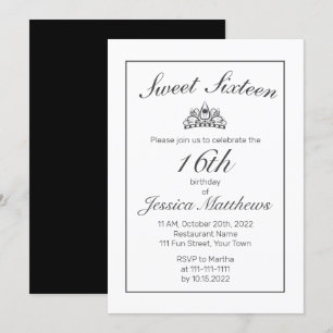 Tiara Modern Minimalist White Black Sweet 16 Inbjudningar