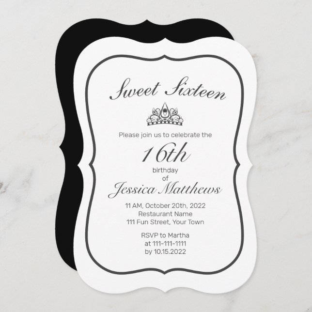 Tiara Modern Minimalist White Black Sweet 16 Inbjudningar (Fram/baksida)