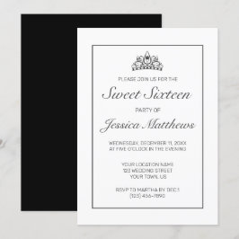 Tiara Modern Minimalist White Black Sweet 16 Inbjudningar