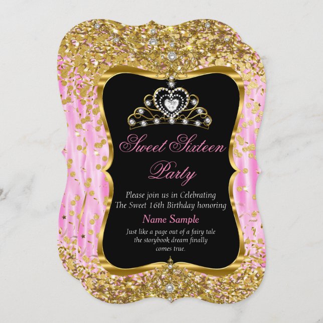 Tiara Princess Sweet 16 Rosa Guld Black Inbjudan (Fram/baksida)