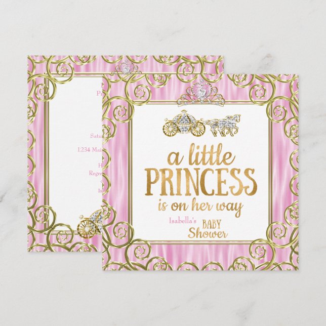 Tiara Prinsessa Baby Shower Rosa Hästkärran Inbjudningar (Fram/baksida)