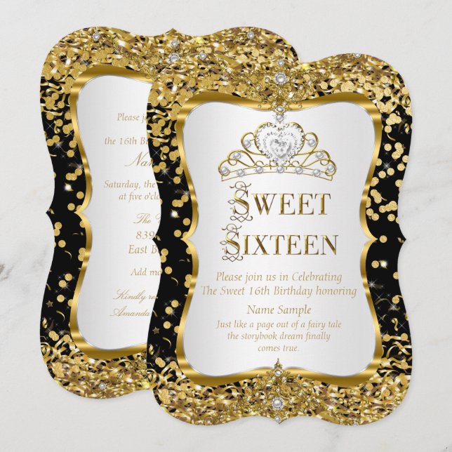 Tiara Prinsessa Sweet 16 Guld Svart Vitt Inbjudan (Fram/baksida)