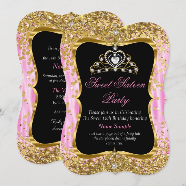 Tiara Prinsessa Sweet 16 Rosa Guld Svart Inbjudan (Fram/baksida)