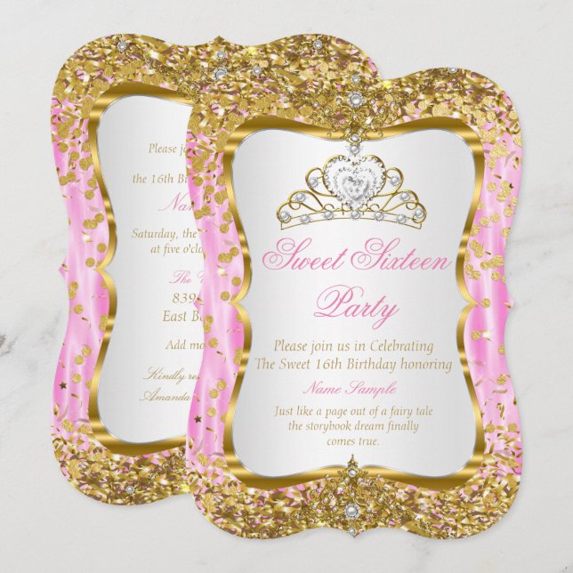 Tiara Prinsessa Sweet 16 Rosa Guld Vit Inbjudan (Fram/baksida)