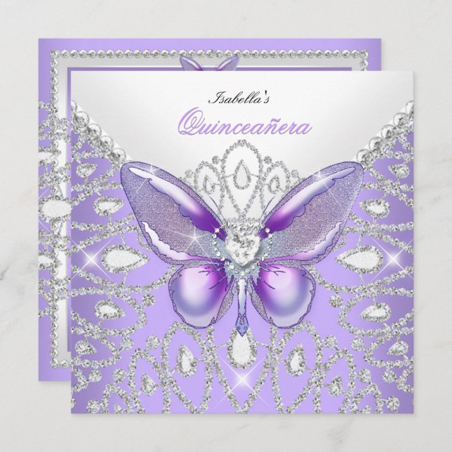 Tiara Quinceanera 15:e Diamonds Lila Butterfly Inbjudningar (Fram/baksida)