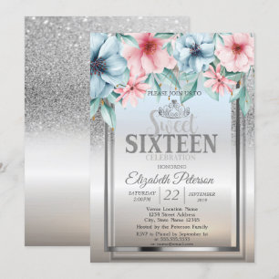 Tiara, Ram Silver Glitter Bokeh Blommig Sweet 16 Inbjudningar