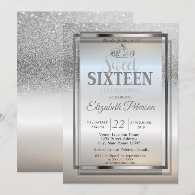 Tiara, Ram Silver Glitter Bokeh Sweet 16 Fest Inbjudningar (Fram/baksida)
