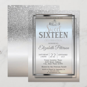 Tiara, Ram Silver Glitter Bokeh Sweet 16 Fest Inbjudningar