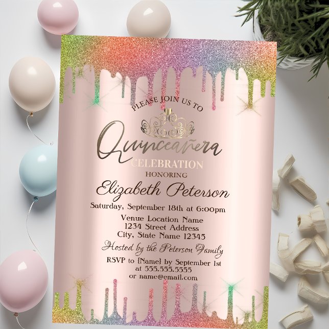 Tiara, Regnbåge Glitterdroppar Quinceañera Inbjudningar (Skapare uppladdad)