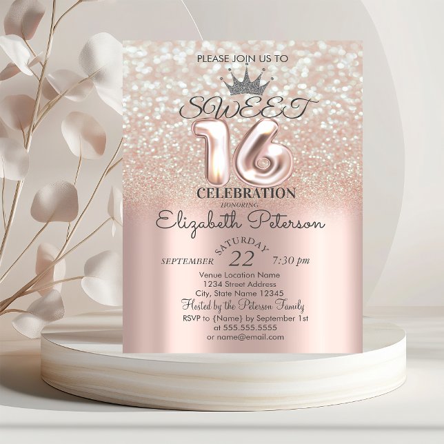 Tiara,Ro Guld Sweet 16 Glitter bokeh Ombre Party Inbjudningar (Skapare uppladdad)
