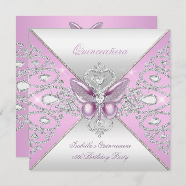 Tiara Rosa Butterfly Quinceanera 15:e Party Inbjudningar (Fram/baksida)