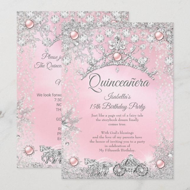Tiara Rosa Quinceañera 15:e Vinter Kärranvagn Inbjudningar (Fram/baksida)