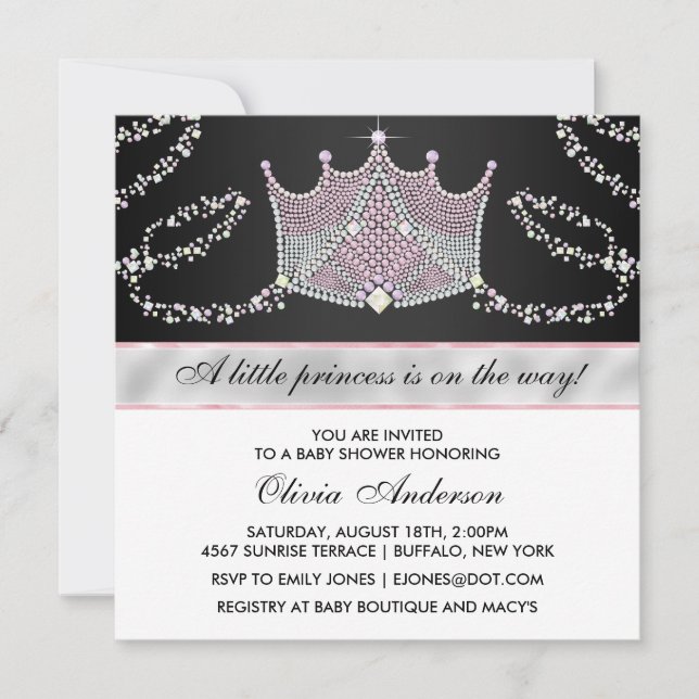 Tiara Rosa Svart Babyflicka Prinsessa Babykalas Inbjudningar (Framsida)