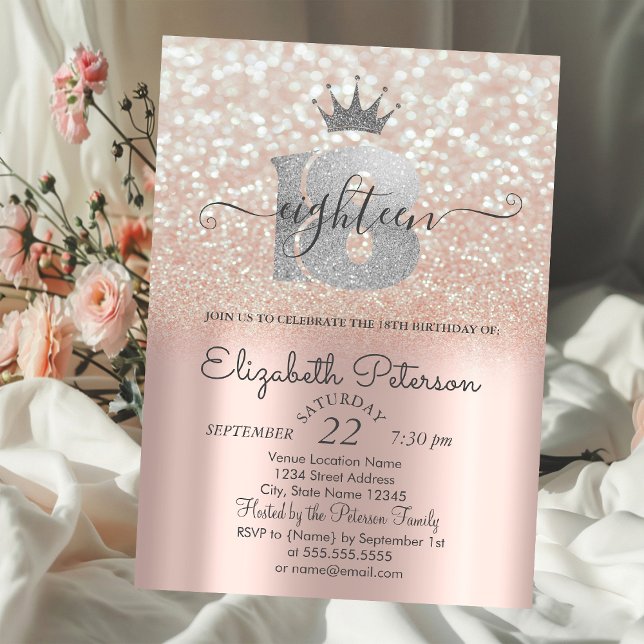 Tiara, Rose Gold Glitter Bokeh 18-års födelsedagsf Inbjudningar (Skapare uppladdad)