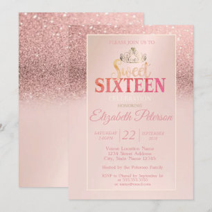 Tiara, Rose Gold Glitter Bokeh Ombre Sweet 16 Fest Inbjudningar