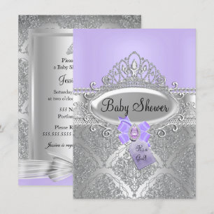 Tiara & Silver Damask Lila Baby Shower Inbjudan