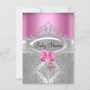 Tiara & Silver Damask Rosa Baby Shower Inbjudan
