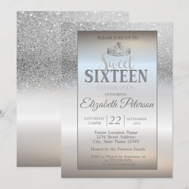 Tiara, Silver Glitter bokeh Ombre Sweet 16 Party Inbjudningar (Fram/baksida)