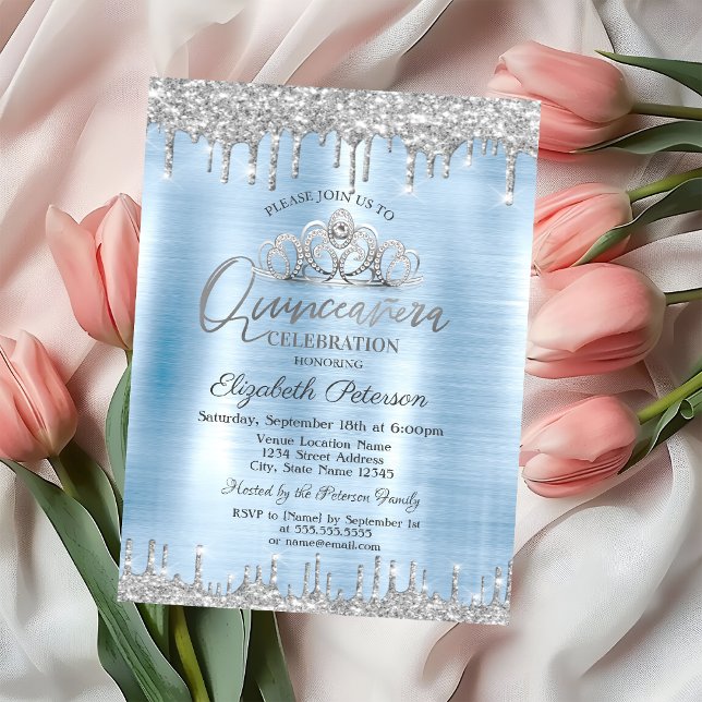 Tiara,Silver Glitter droppar Blue Quinceañera Inbjudningar (Skapare uppladdad)
