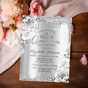Tiara, Silver Glitter Drops Blommor Quinceañera Inbjudningar