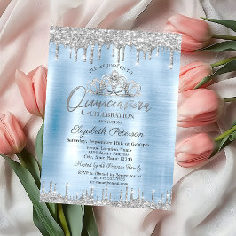 Tiara, Silver Glitter Drops Blue Quinceañera Inbjudningar