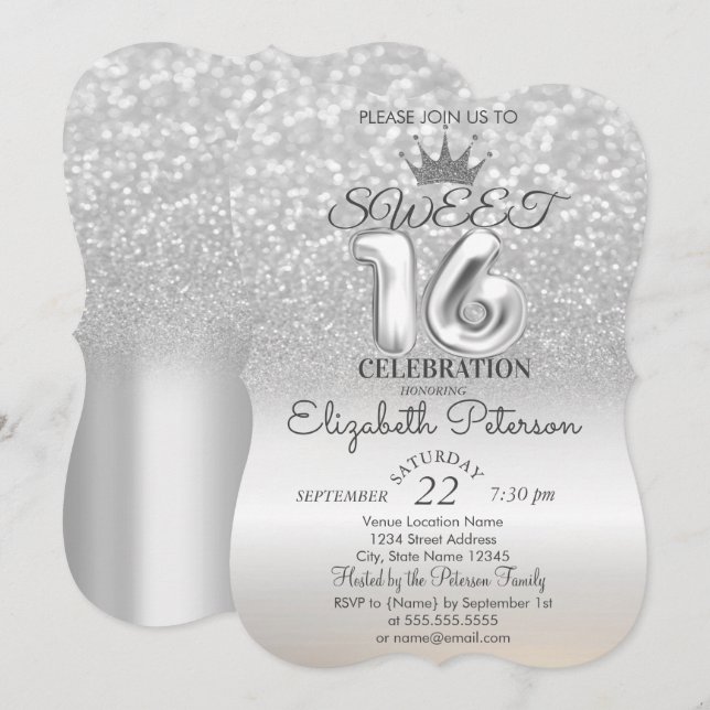 Tiara,Silver Sweet 16 Glitter bokeh Ombre Party Inbjudningar (Fram/baksida)