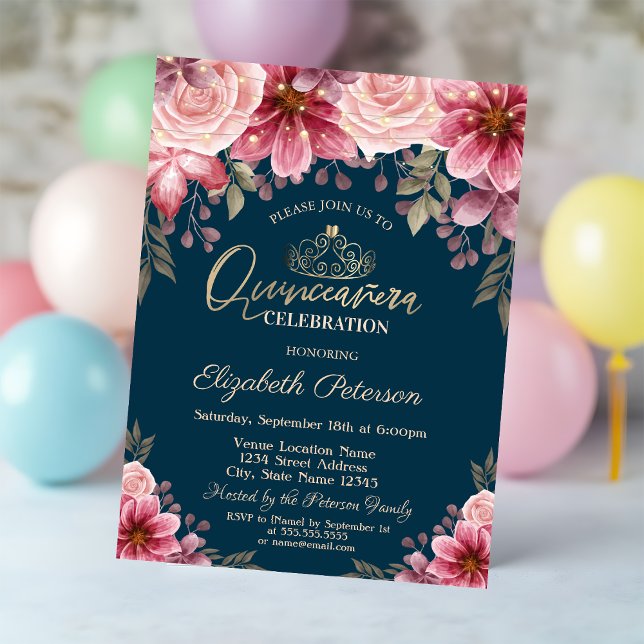 Tiara,Strängljus Blommor Marinblå Quinceañera  Inbjudningar (Skapare uppladdad)