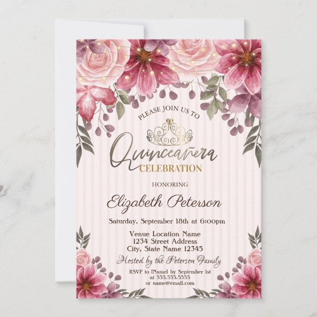 Tiara, Strängljus Blommor Randig Quinceañera Inbjudningar (Framsida)