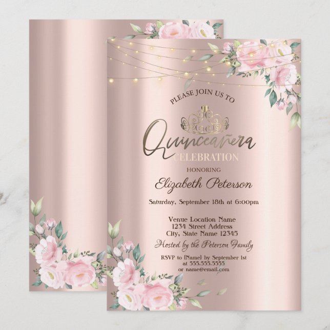 Tiara, Strängljus Blommor Rosor Quinceañera Inbjudningar (Fram/baksida)