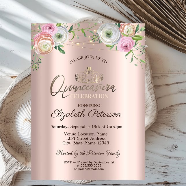 Tiara, Strängljus Chic Rosor Quinceañera Inbjudningar (Skapare uppladdad)