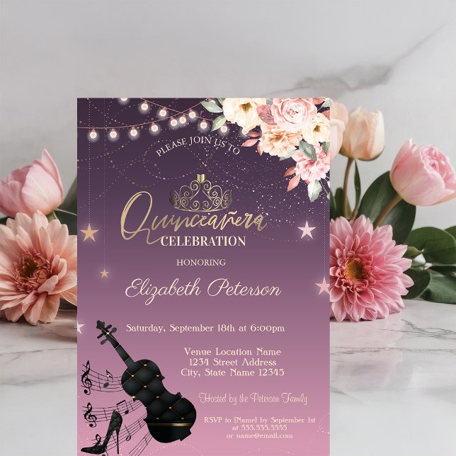 Tiara,Strängljus,Gitarr, Blommig Quinceañera Inbjudningar (Skapare uppladdad)