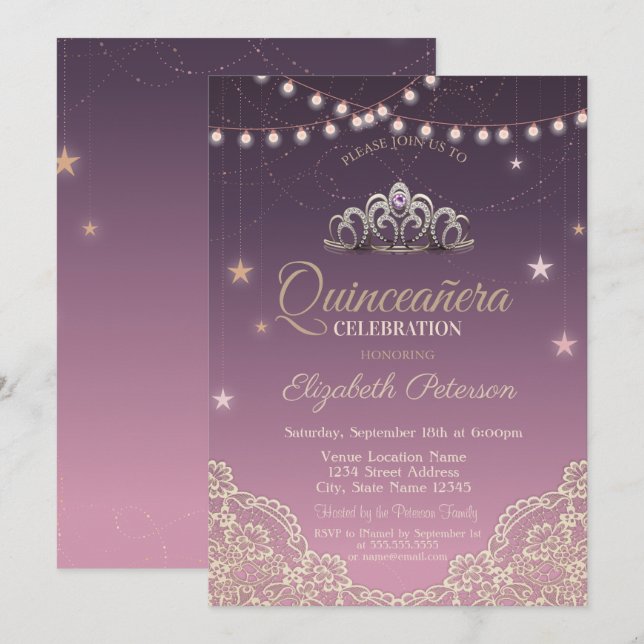 Tiara,Strängljus,Lace  Quinceañera Inbjudningar (Fram/baksida)