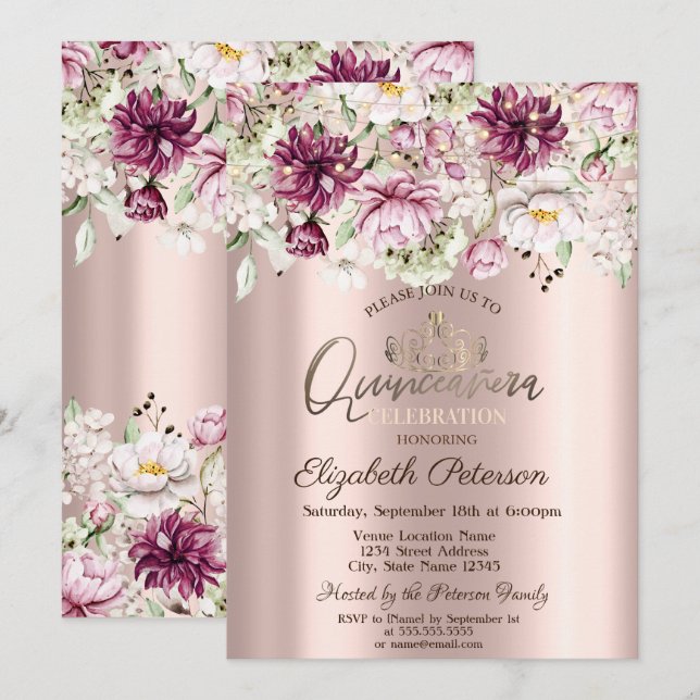 Tiara, Strängljus, Rosa Blommor Quinceañera Inbjudningar (Fram/baksida)