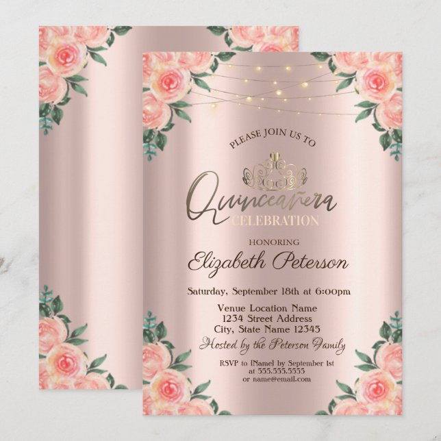 Tiara, Strängljus Rosor Quinceañera Inbjudningar (Fram/baksida)