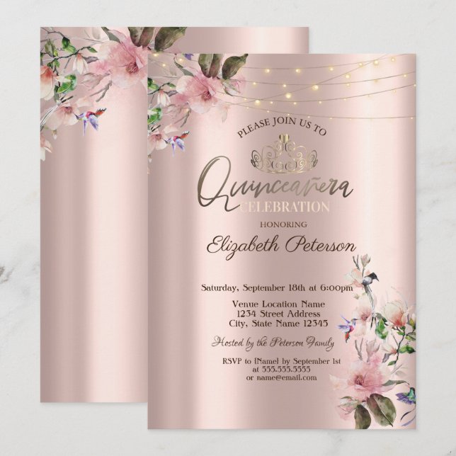 Tiara,Strängljus Vårblommor Quinceañera Inbjudningar (Fram/baksida)