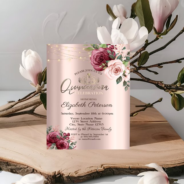 Tiara,String Ljus Burgundy Ro Quinceañera Inbjudningar (Skapare uppladdad)