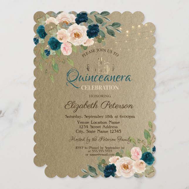 Tiara,String Ljus Flowers Kraft Quinceañera Inbjudningar (Fram/baksida)