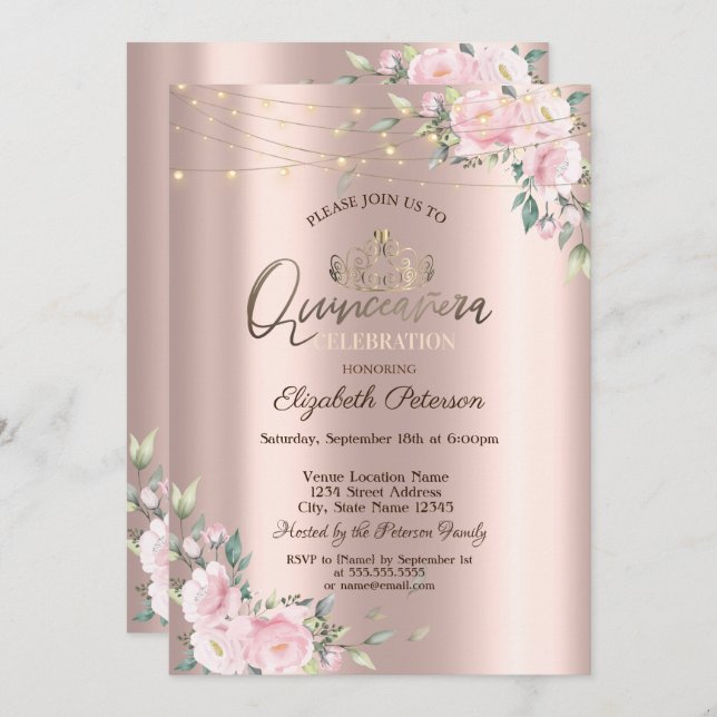 Tiara,String Ljus Flowers Ro Quinceañera Inbjudningar (Fram/baksida)