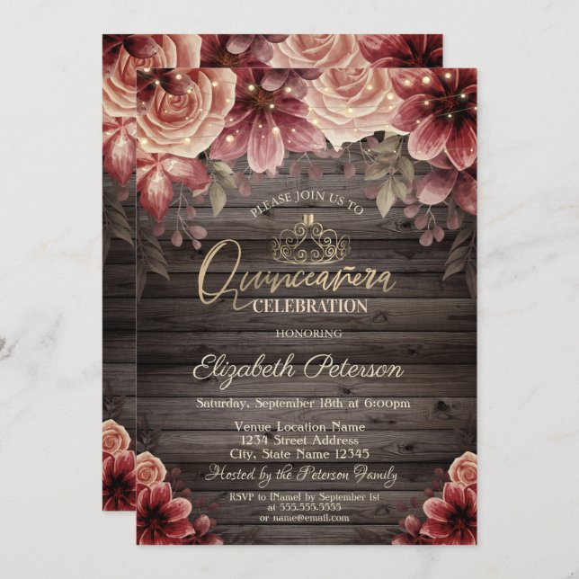 Tiara,String Ljus Flowers Wood Quinceañera Inbjudningar (Fram/baksida)