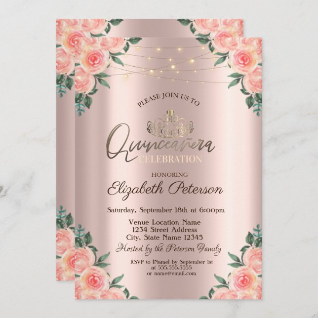 Tiara,String Ljus Ro Quinceañera Inbjudningar (Fram/baksida)