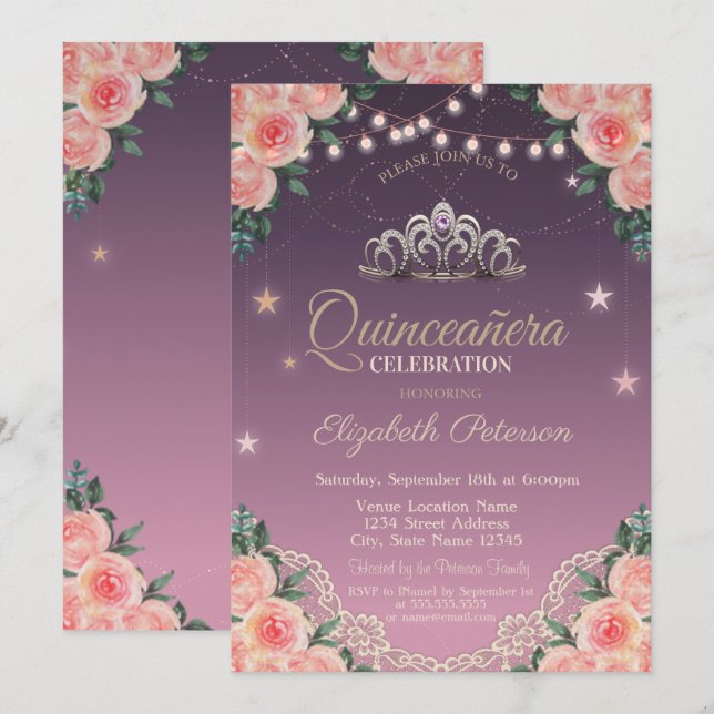 Tiara,String Ljus,Snöre,Ro Quinceañera Inbjudningar (Fram/baksida)